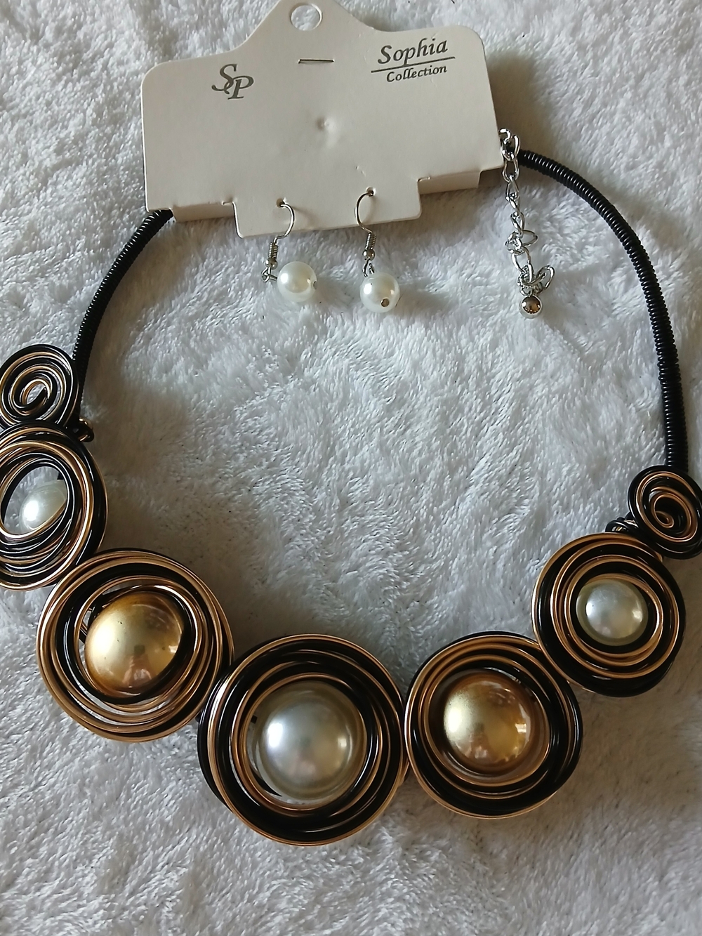 Sophia Collection Gold & Pearl Coil Statement Necklace + Matching Earrings NWT
